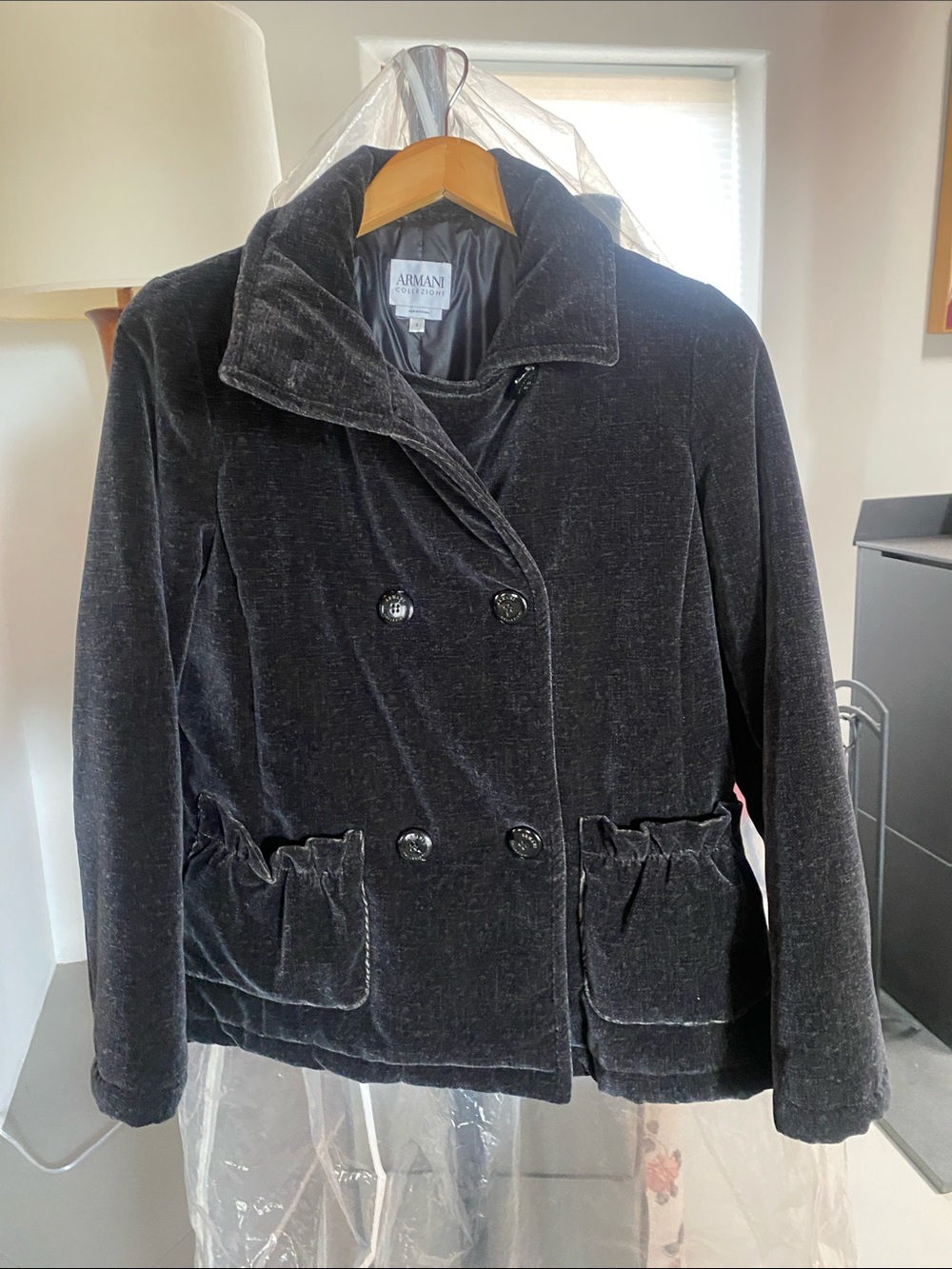 Armani Collezioni Black Velvet Double-Breasted Blazer Jacket Peacoat